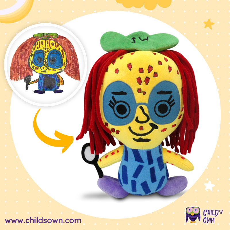 Jane Wicked custom plush with red hair, glasses, and magnifier.