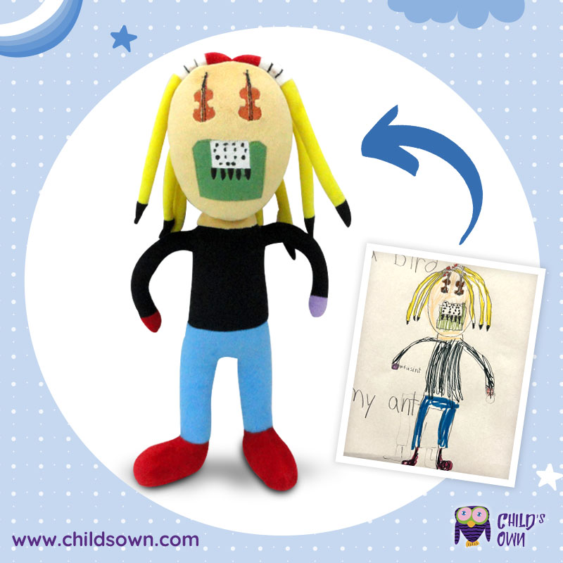 Custom plushie made from a child’s drawing, a unique personalized gift.